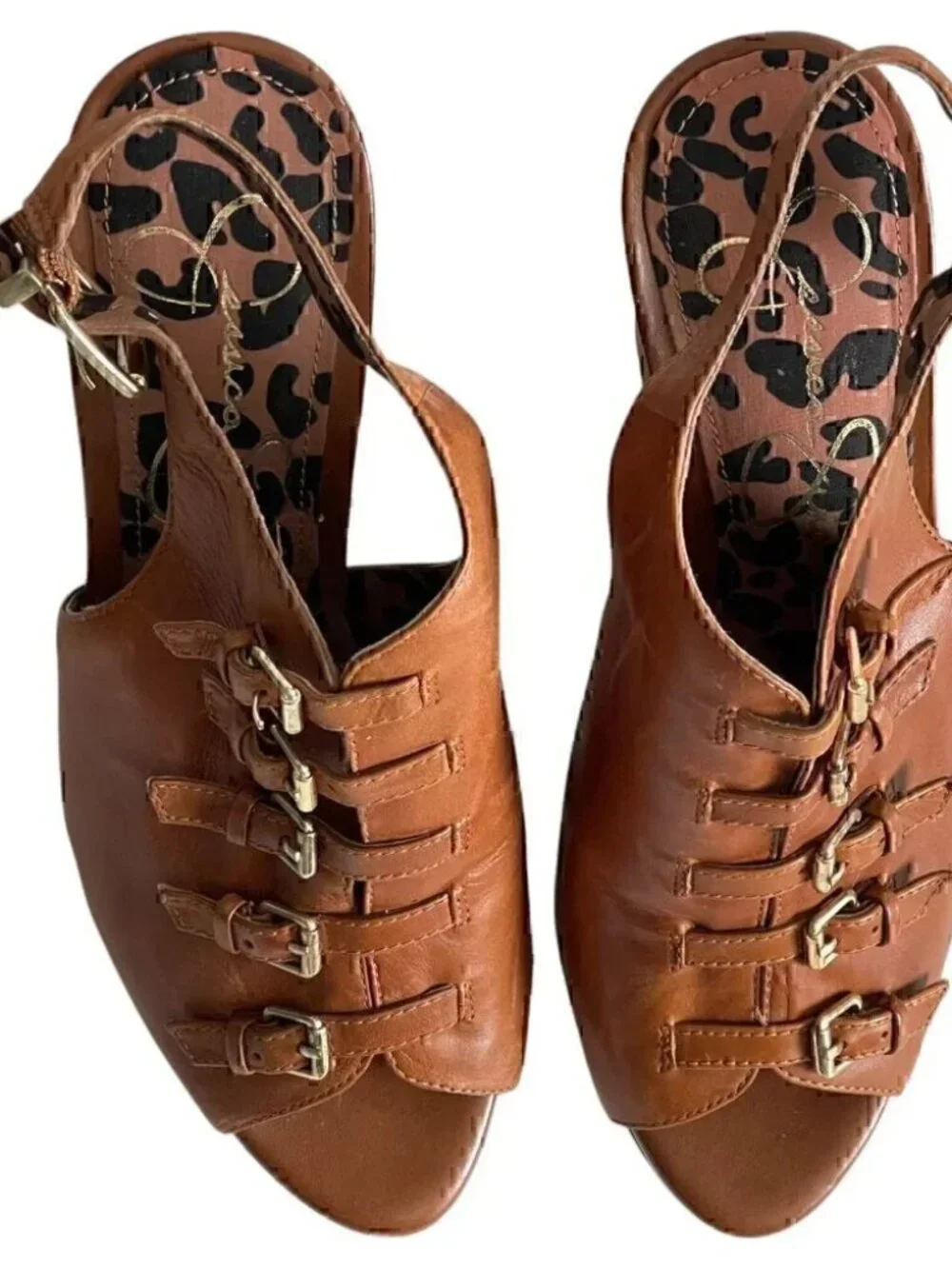 Jessica Simpson Brown Leather Buckle Wedge Platform Sandals | Size 7.5